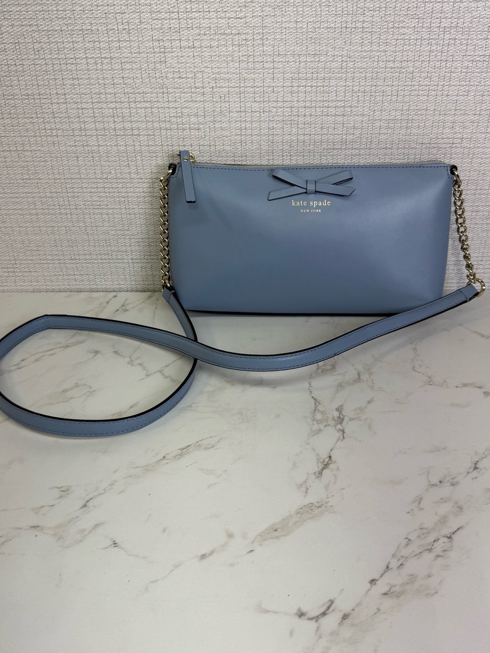 Kate Spade Sawyer Declan Leather Crossbody Shoulder Bag Light Blue Bow Chain